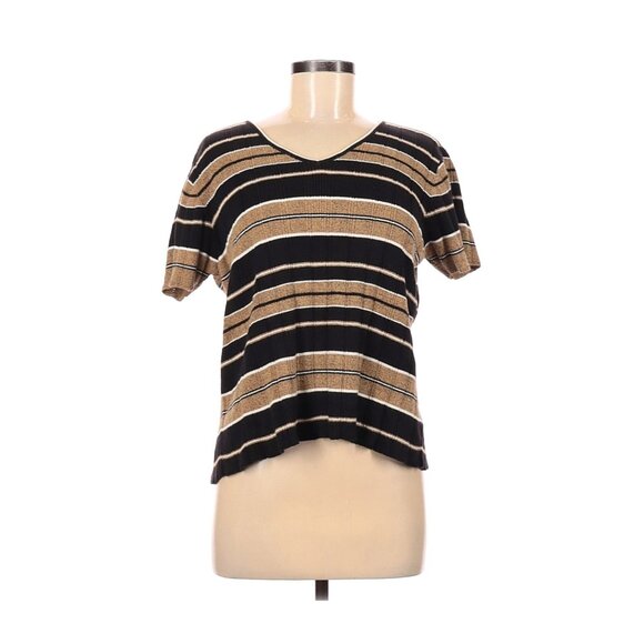 Liz Claiborne Lizsport Petite Black & Gold Striped V-Neck Knit Top M - Picture 1 of 4